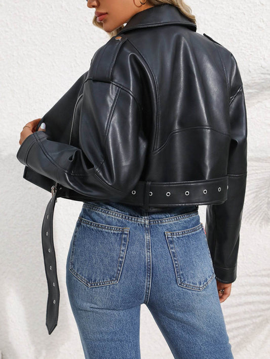 Women's Large Lapel Faux Leather Short Jacket Lady Fashion Motorcycle PU Leather Coat Casual Overcoat With Belt - Holy Mango Store
