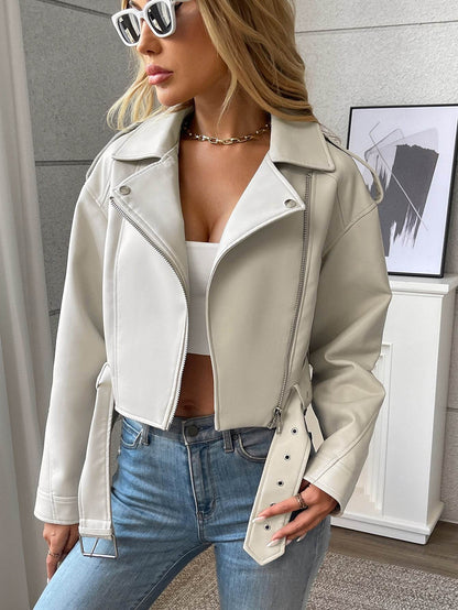 Women's Large Lapel Faux Leather Short Jacket Lady Fashion Motorcycle PU Leather Coat Casual Overcoat With Belt - Holy Mango Store