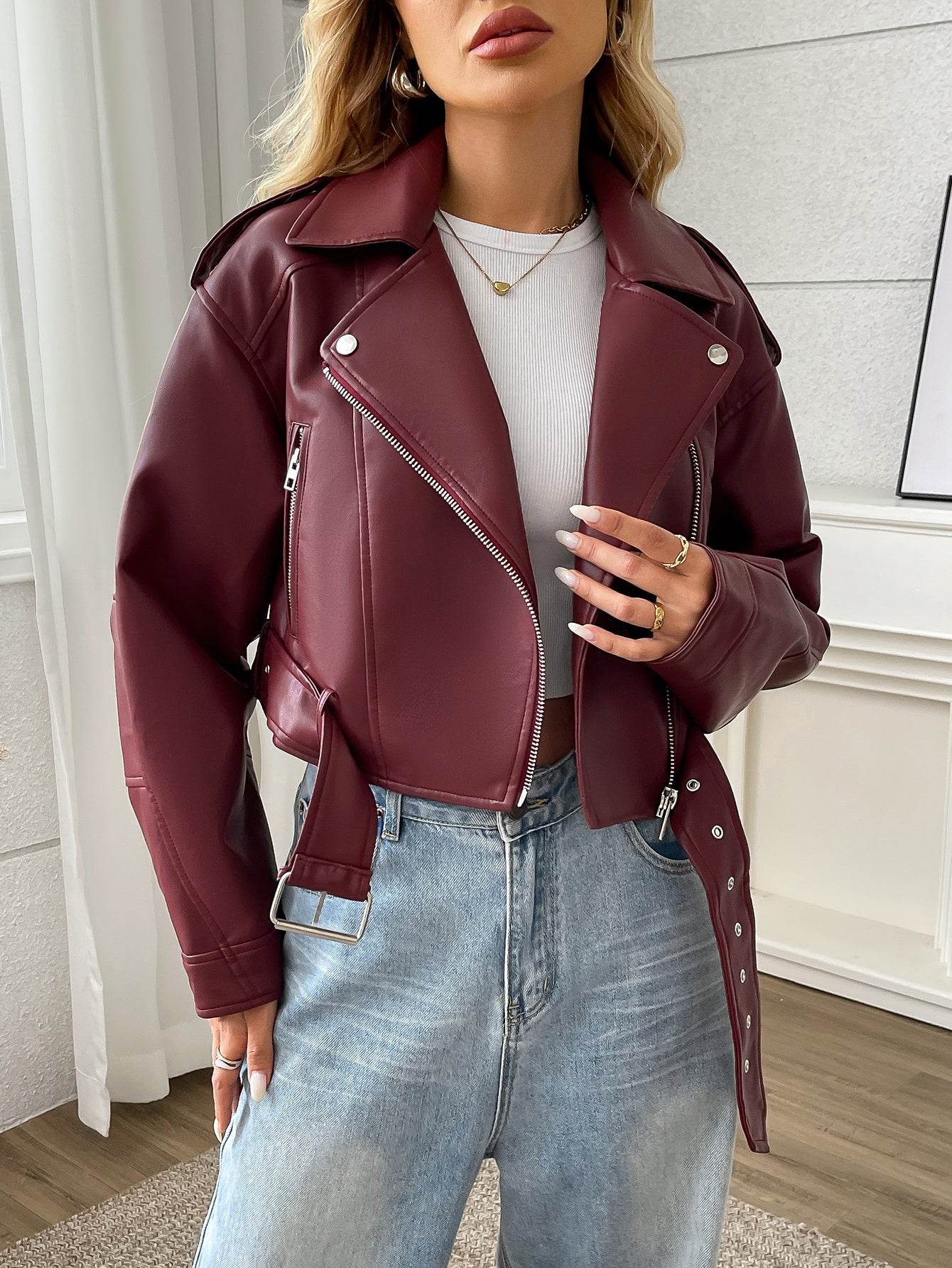Women's Large Lapel Faux Leather Short Jacket Lady Fashion Motorcycle PU Leather Coat Casual Overcoat With Belt - Holy Mango Store