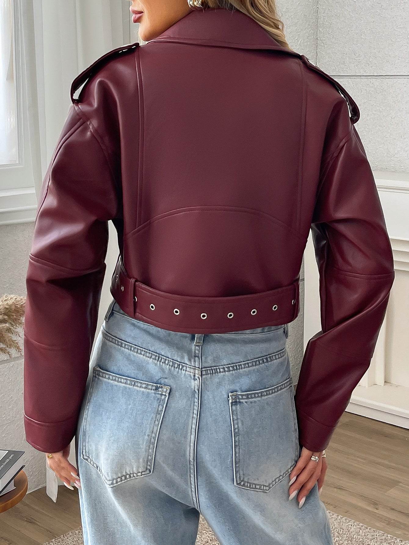 Women's Large Lapel Faux Leather Short Jacket Lady Fashion Motorcycle PU Leather Coat Casual Overcoat With Belt - Holy Mango Store