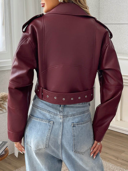 Women's Large Lapel Faux Leather Short Jacket Lady Fashion Motorcycle PU Leather Coat Casual Overcoat With Belt - Holy Mango Store