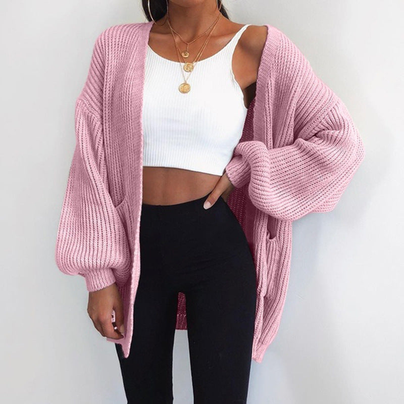 Women’s Mid-Length Knit Cardigan – Solid Color Loose-Fit Sweater