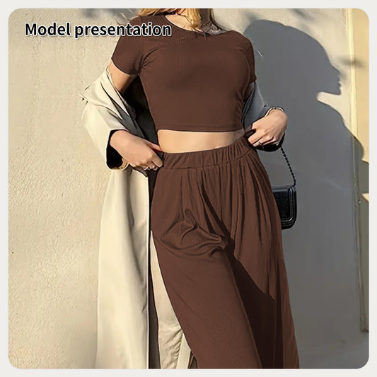 Women’s Minimalist Two-Piece Set – Solid Color Top & Pants
