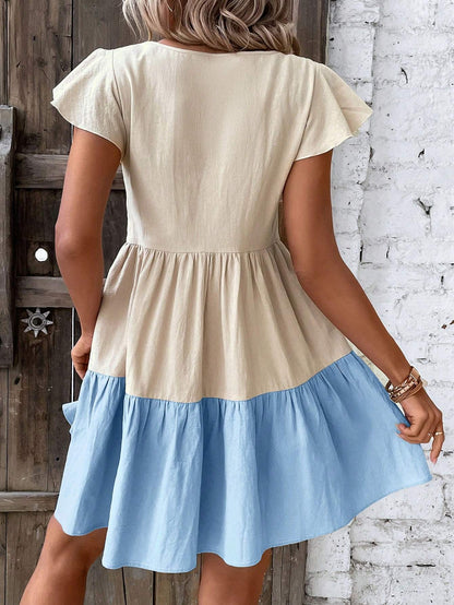 Colorblock Keyhole Neck Ruffle Hem Dress