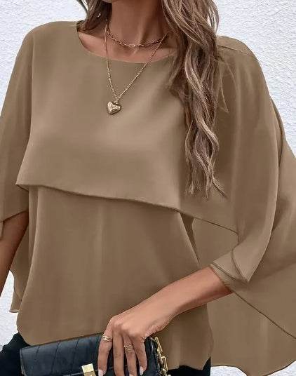 Solid Layered Cloak Sleeve Blouse, Versatile Crew Neck Blouse For Spring & Fall, Women's Clothing - Holy Mango Store