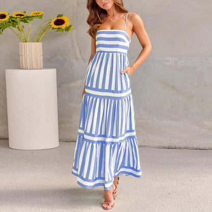 Striped Suspender Maxi Dress with Pockets