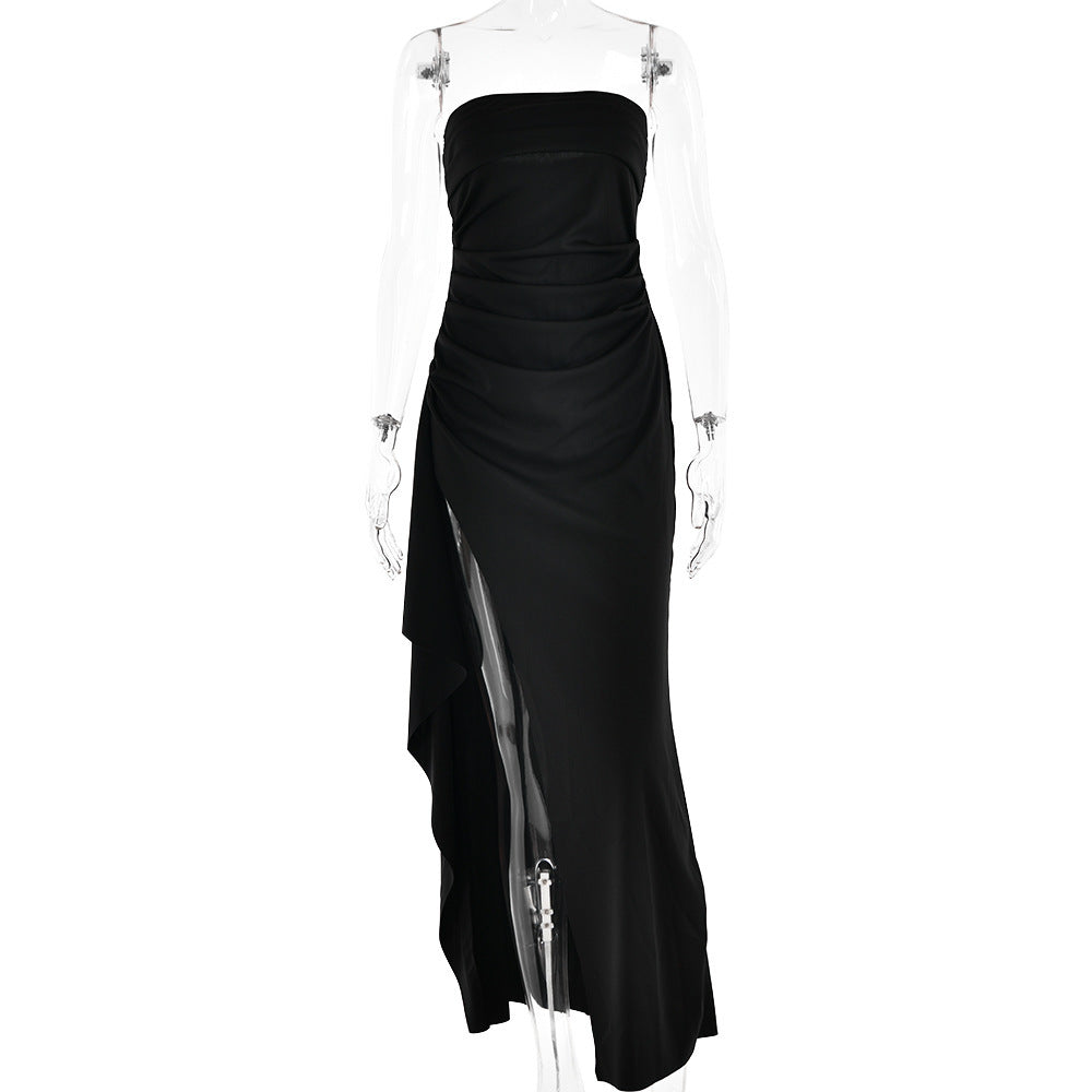Strapless Split Pleated Maxi Dress