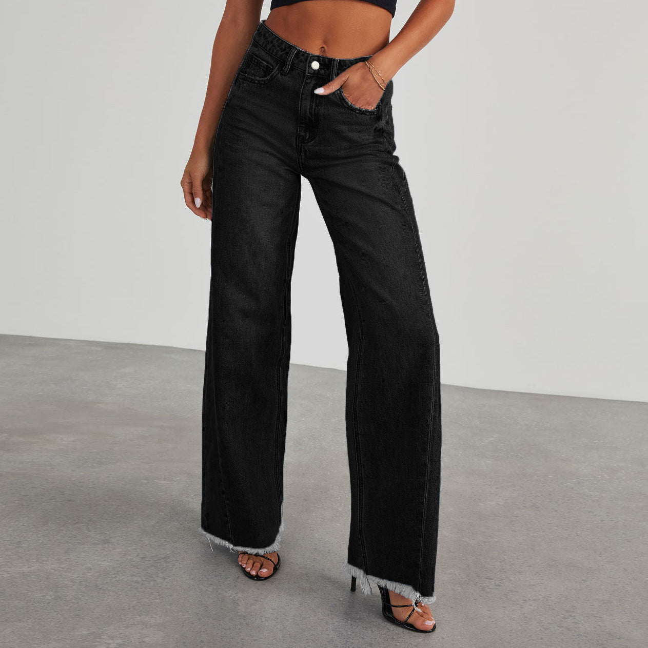Women’s High Waist Straight Jeans – Wide-Leg Fit with Pockets