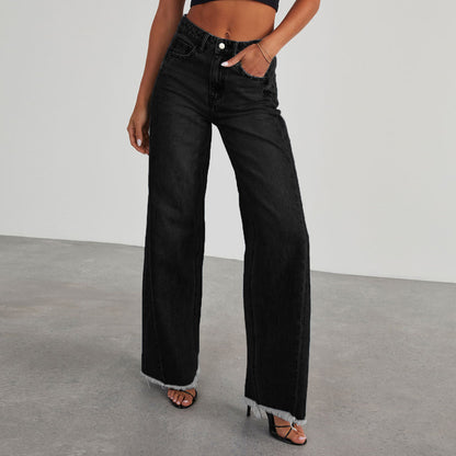 Women’s High Waist Straight Jeans – Wide-Leg Fit with Pockets