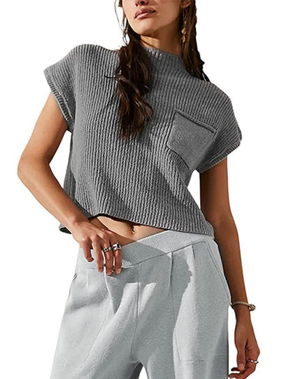 Women's Ribbed Knit Sleeveless Vest with Pocket