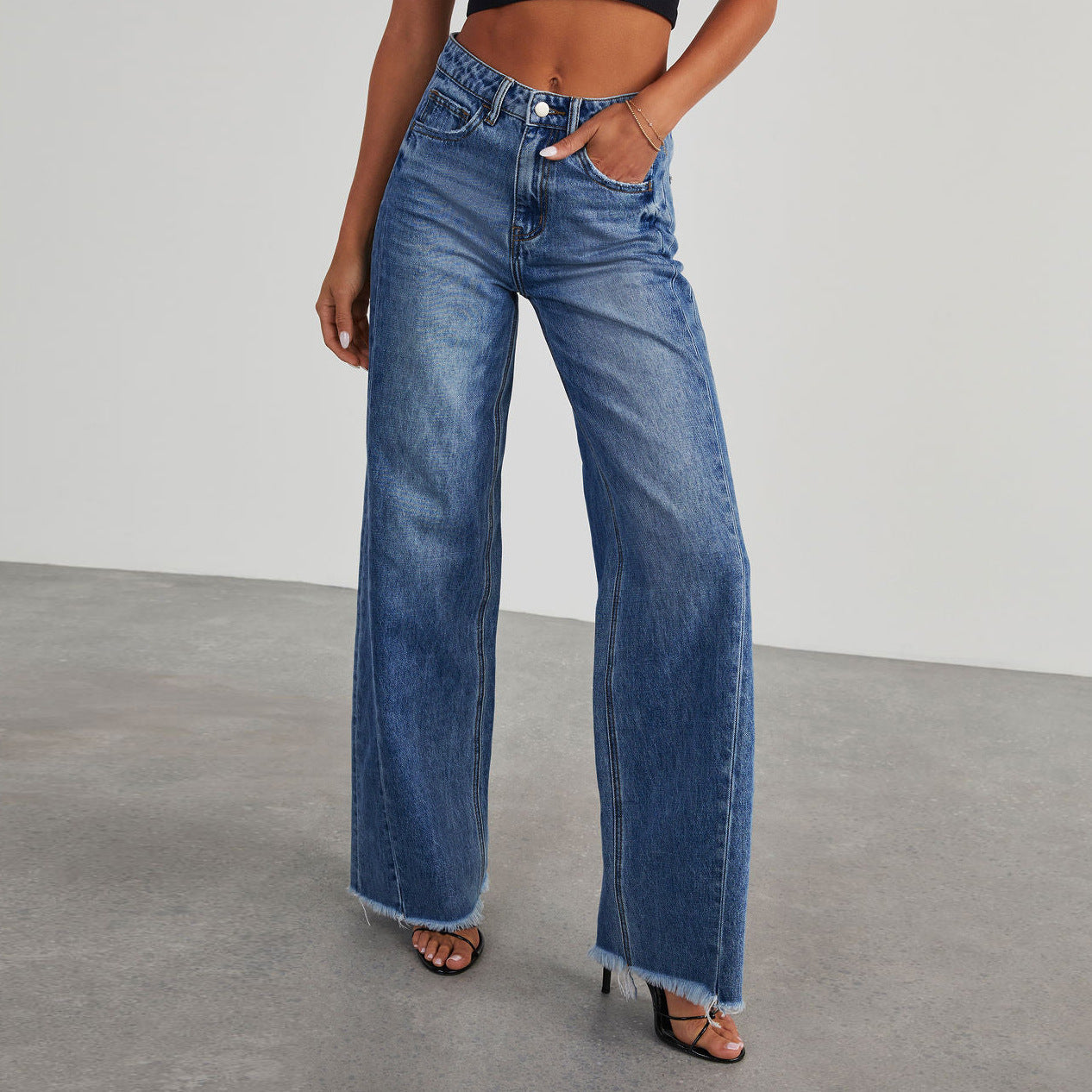 Women’s High Waist Straight Jeans – Wide-Leg Fit with Pockets