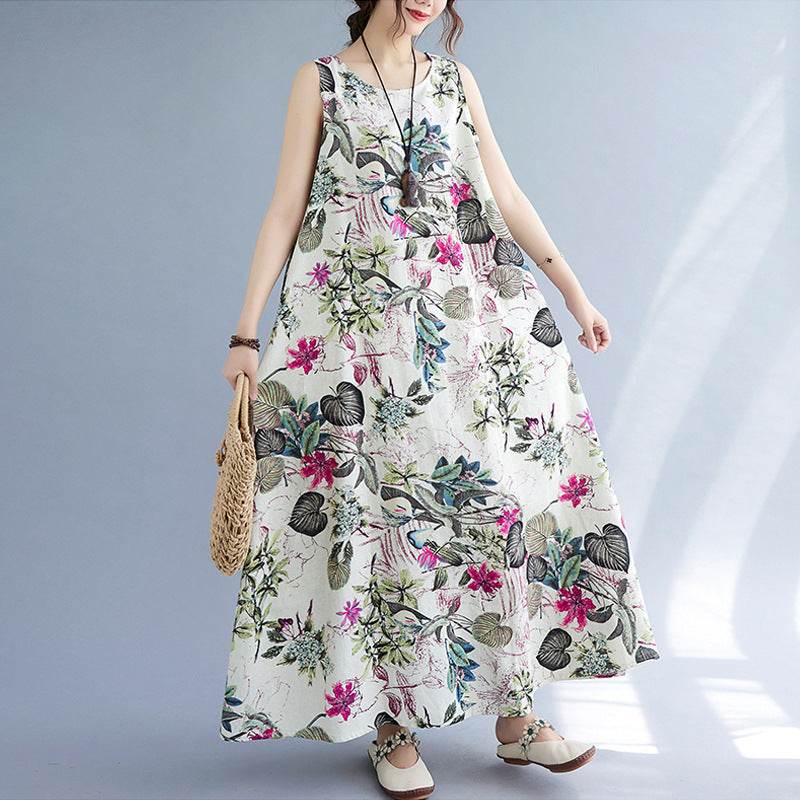 Printed Cotton Linen Round Neck Sleeveless Dress Women's - Holy Mango Store