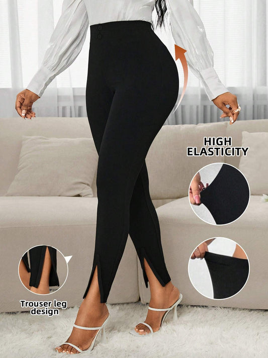Women's Contrast Trim Split Hem High Waist Pants