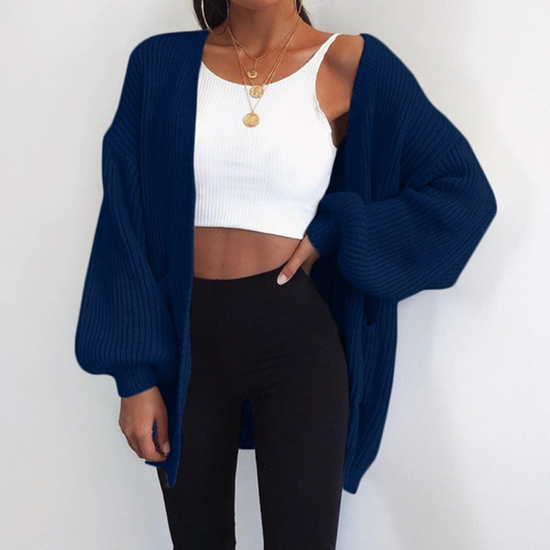 Women’s Mid-Length Knit Cardigan – Solid Color Loose-Fit Sweater