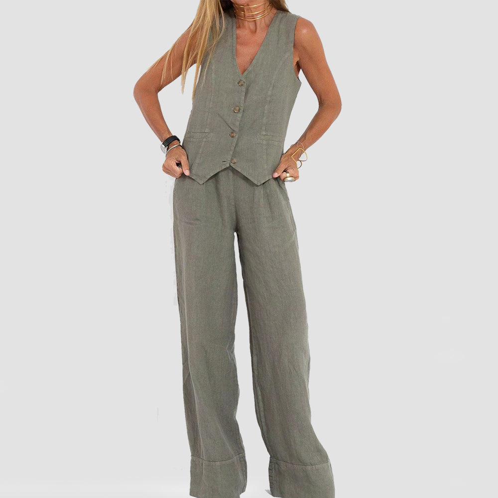 Conjunto de chaleco de verano para mujer: top sin mangas con cuello en V y pantalón holgado