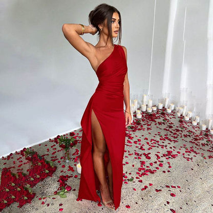 Sexy One-shoulder Backless Slit Dress Summer Elegant Slim-fit Solid Color Satin Dresses For Women - Holy Mango Store