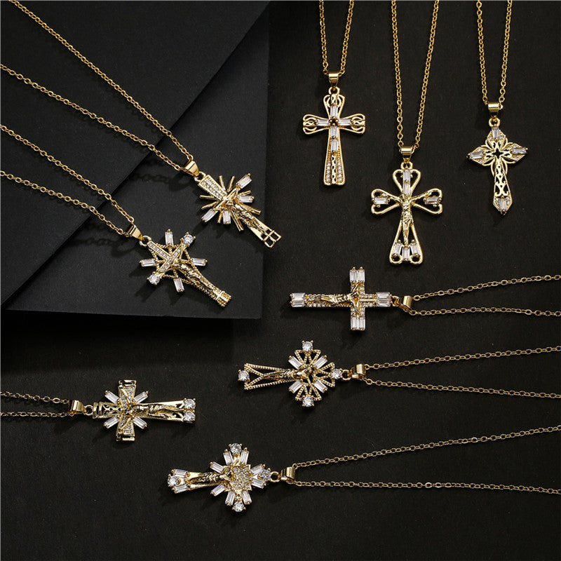 Gold Cross Pendant Necklace with Cubic Zirconia
