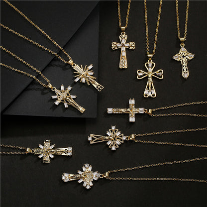 Gold Cross Pendant Necklace with Cubic Zirconia