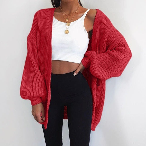 Women’s Mid-Length Knit Cardigan – Solid Color Loose-Fit Sweater