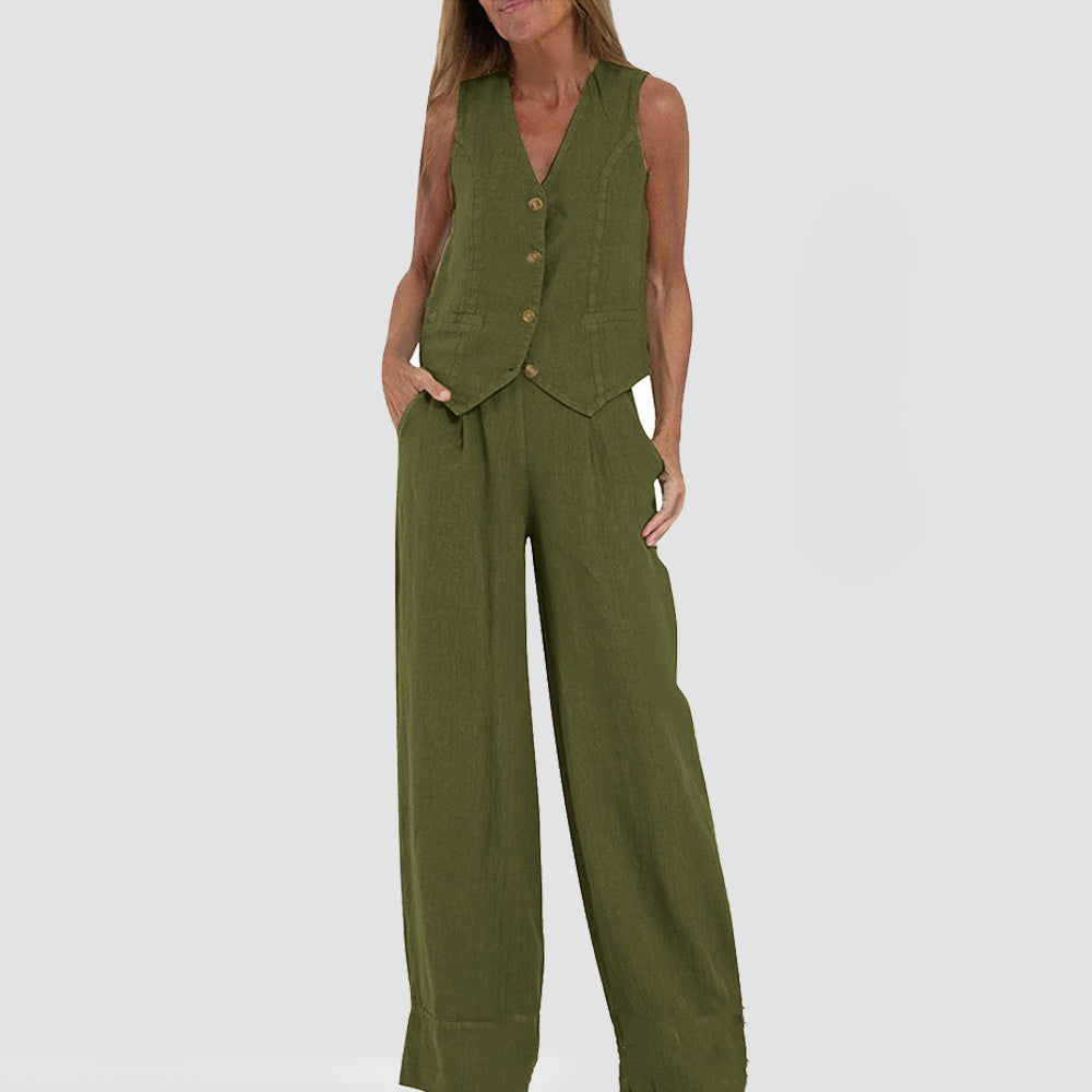 Conjunto de chaleco de verano para mujer: top sin mangas con cuello en V y pantalón holgado