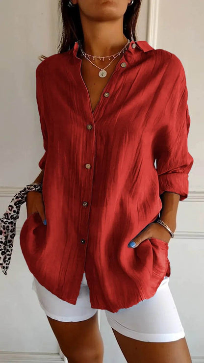 Lapel Long Sleeve Shirt Women's Single-breasted Pleated Shirt - Holy Mango Store
