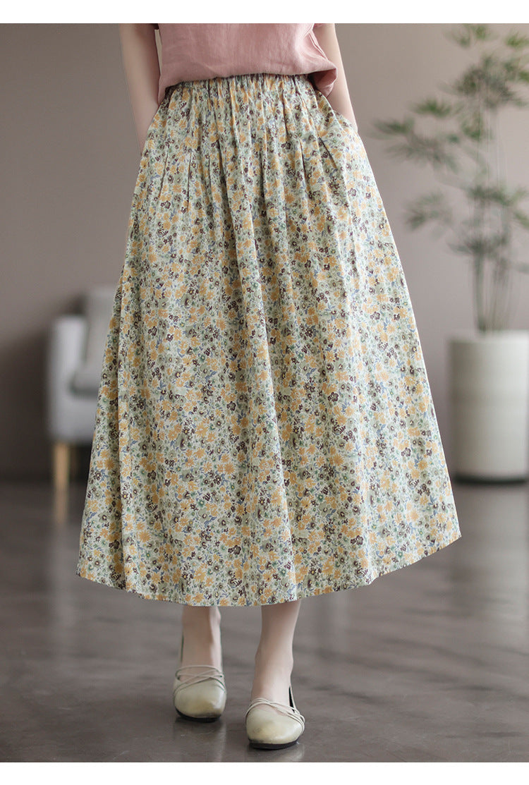 Women’s Floral Cotton Midi Skirt – Artistic Print A-Line