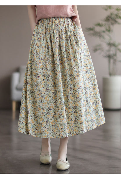 Women’s Floral Cotton Midi Skirt – Artistic Print A-Line
