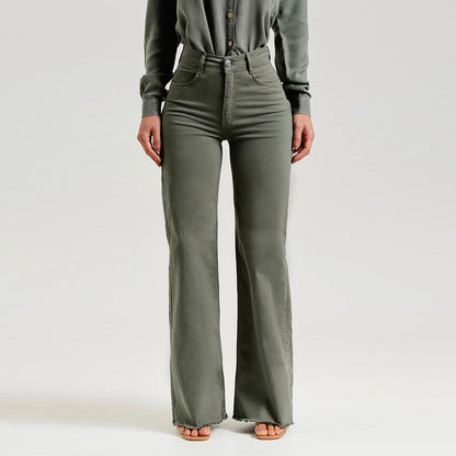 Women's Olive Green Flared Denim Pants – Stretch Slim Fit