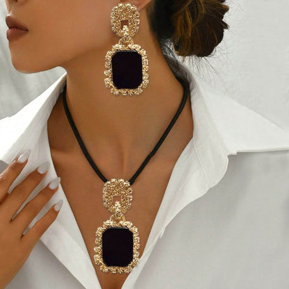 Elegant 14K Gold Plated Black Onyx Statement Jewelry Set - Necklace And Earrings - Holy Mango Store