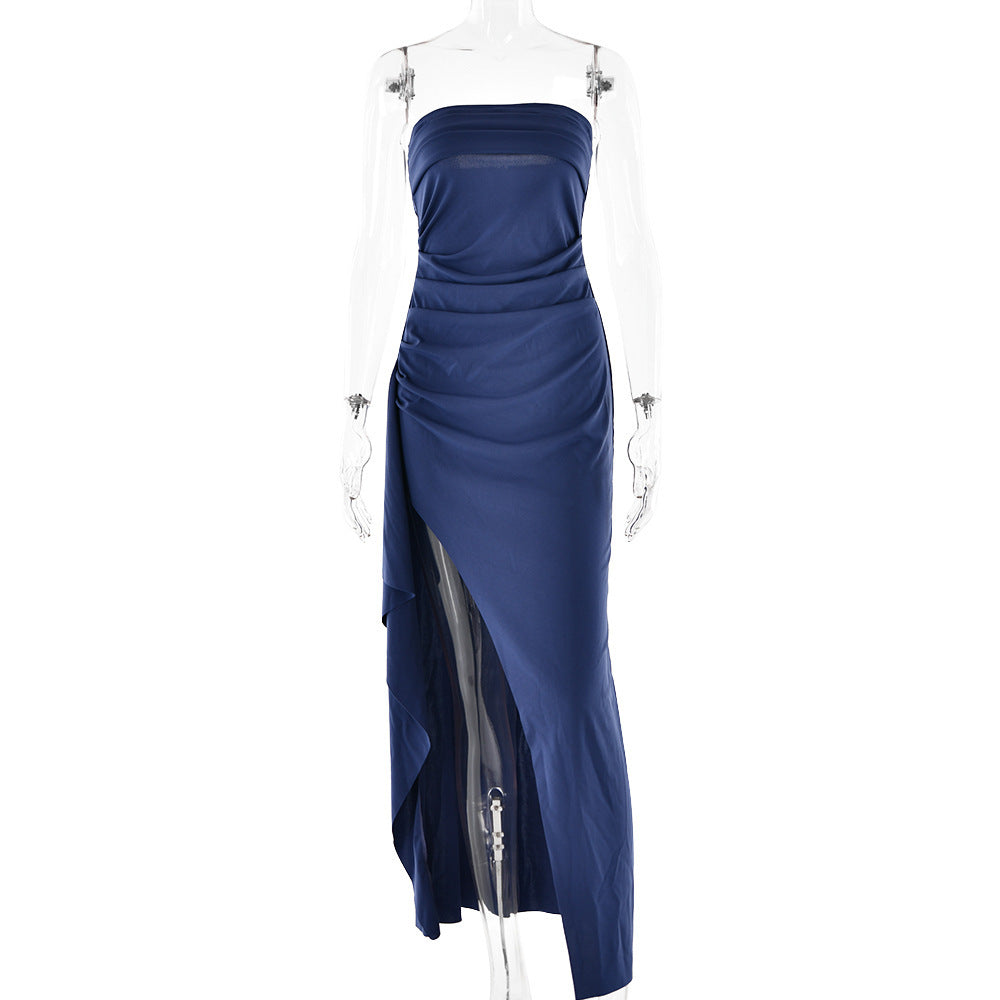 Strapless Split Pleated Maxi Dress