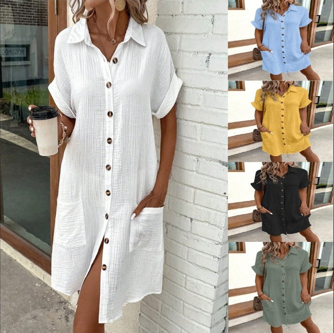 Solid Color Mid‑Length Shirt Dress