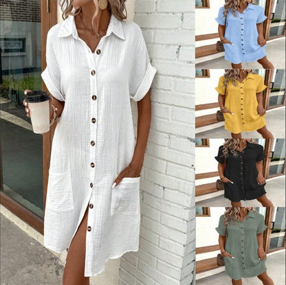 Solid Color Mid‑Length Shirt Dress