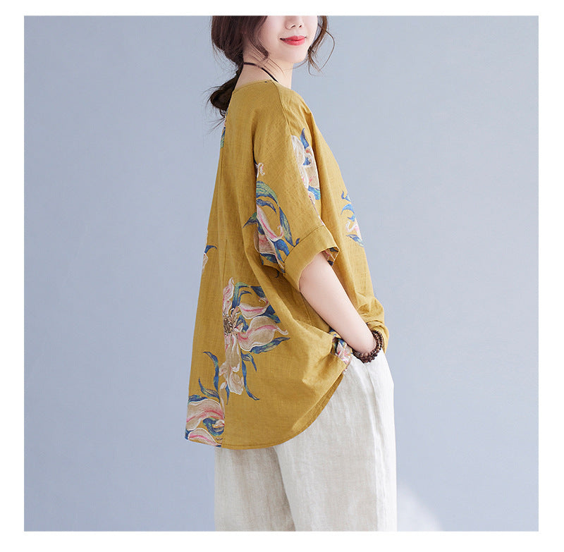 Women's Korean Cotton Linen Summer Top – Printed Half Sleeve