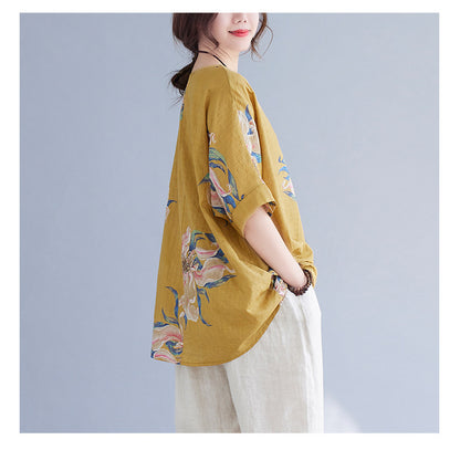 Women's Korean Cotton Linen Summer Top – Printed Half Sleeve