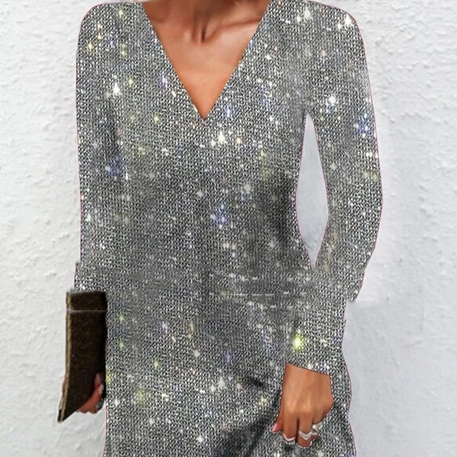 Sequined V‑Neck High‑Waist Party Dress