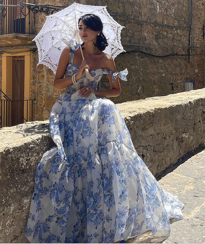 Floral Off‑Shoulder Lace‑Up Organza Swing Dress