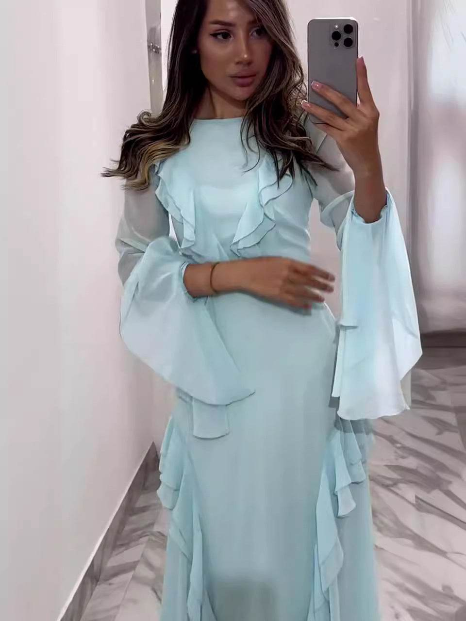 Round Neck Ruffled Long Sleeve Maxi Dress - Holy Mango Store