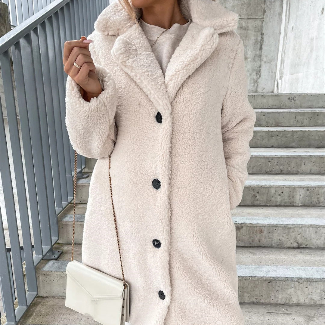 Women’s Plush Lapel Jacket – Long Sleeve Fleece Coat
