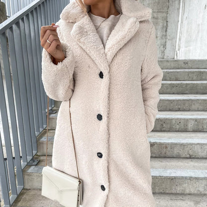 Women’s Plush Lapel Jacket – Long Sleeve Fleece Coat