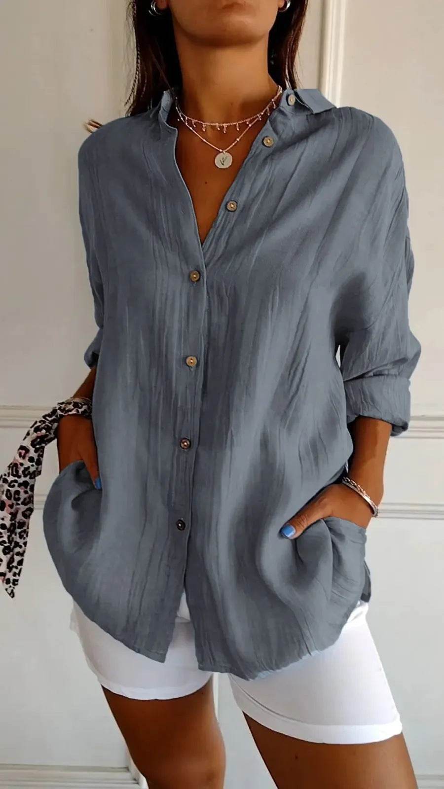Lapel Long Sleeve Shirt Women's Single-breasted Pleated Shirt - Holy Mango Store