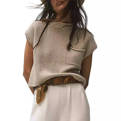 Women's Ribbed Knit Sleeveless Vest with Pocket