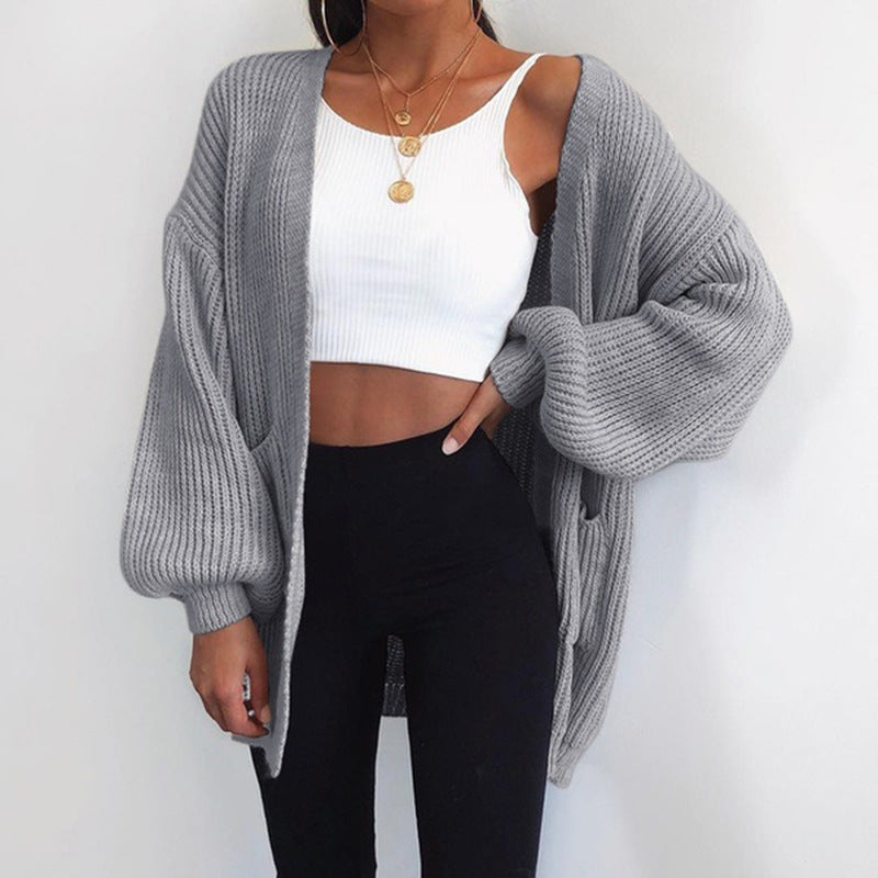 Women’s Mid-Length Knit Cardigan – Solid Color Loose-Fit Sweater