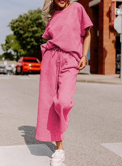 Solid Color Casual Two-Piece Set – Textured Top & Trousers for Women