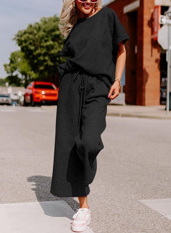 Solid Color Casual Two-Piece Set – Textured Top & Trousers for Women