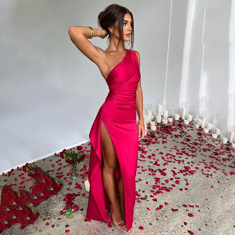 Sexy One-shoulder Backless Slit Dress Summer Elegant Slim-fit Solid Color Satin Dresses For Women - Holy Mango Store