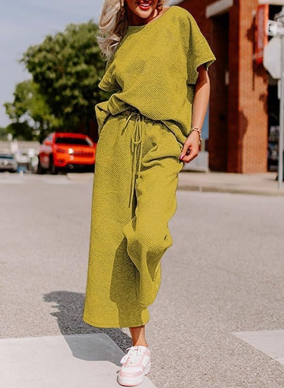 Solid Color Casual Two-Piece Set – Textured Top & Trousers for Women