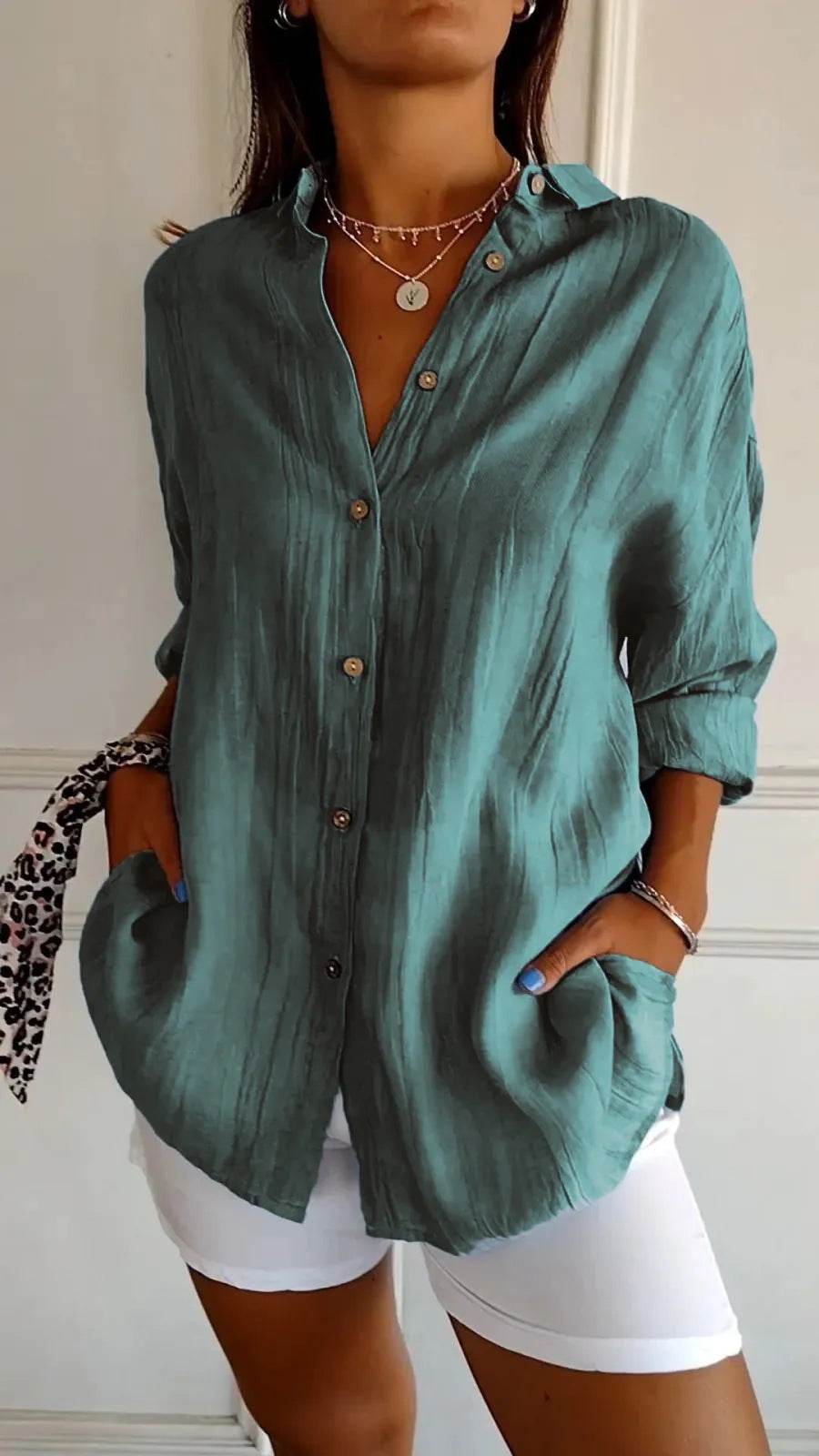 Lapel Long Sleeve Shirt Women's Single-breasted Pleated Shirt - Holy Mango Store