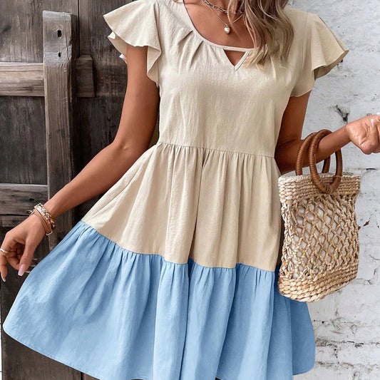 Colorblock Keyhole Neck Ruffle Hem Dress