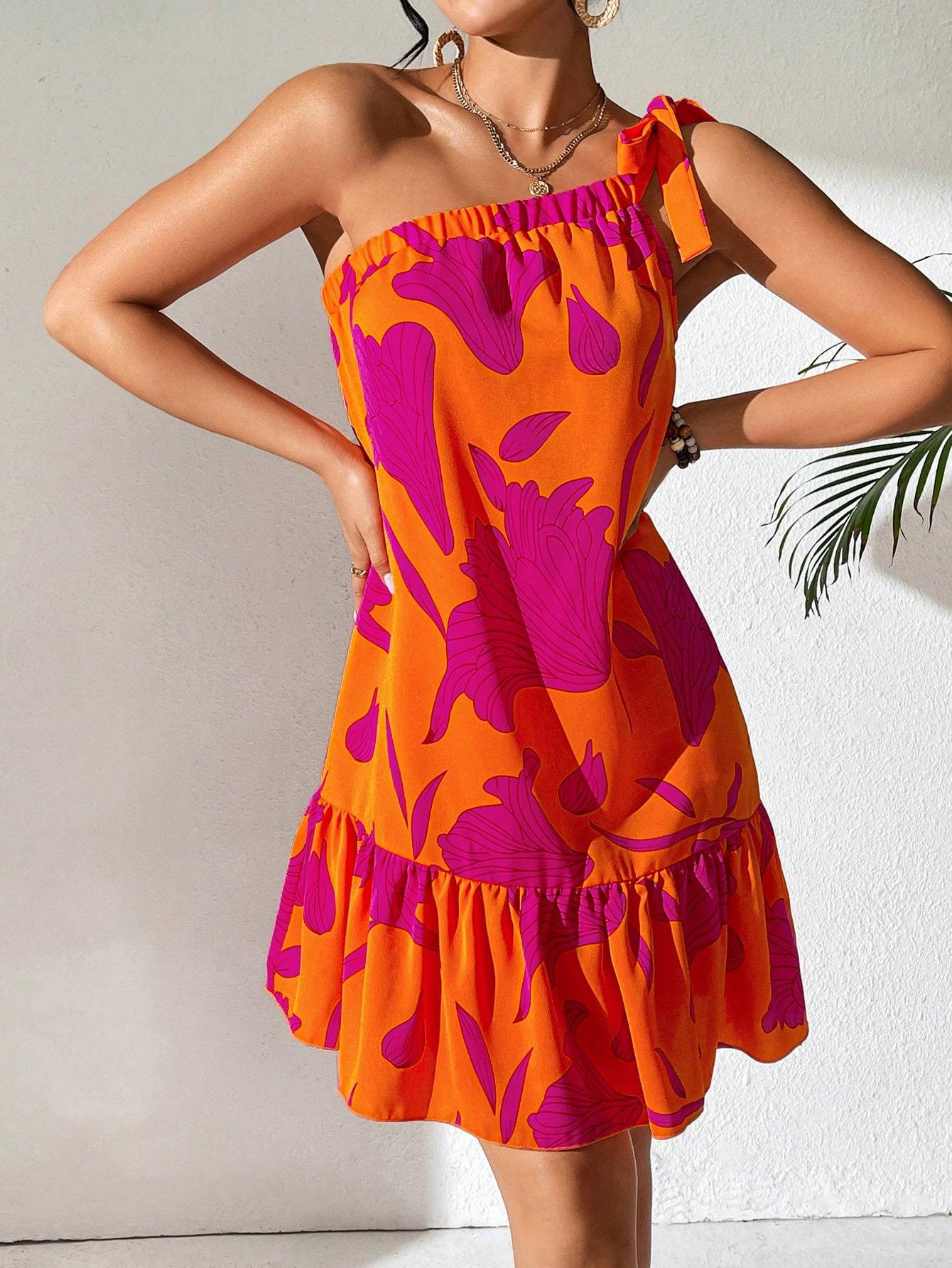 Floral One-Shoulder Ruffle Maxi Dress