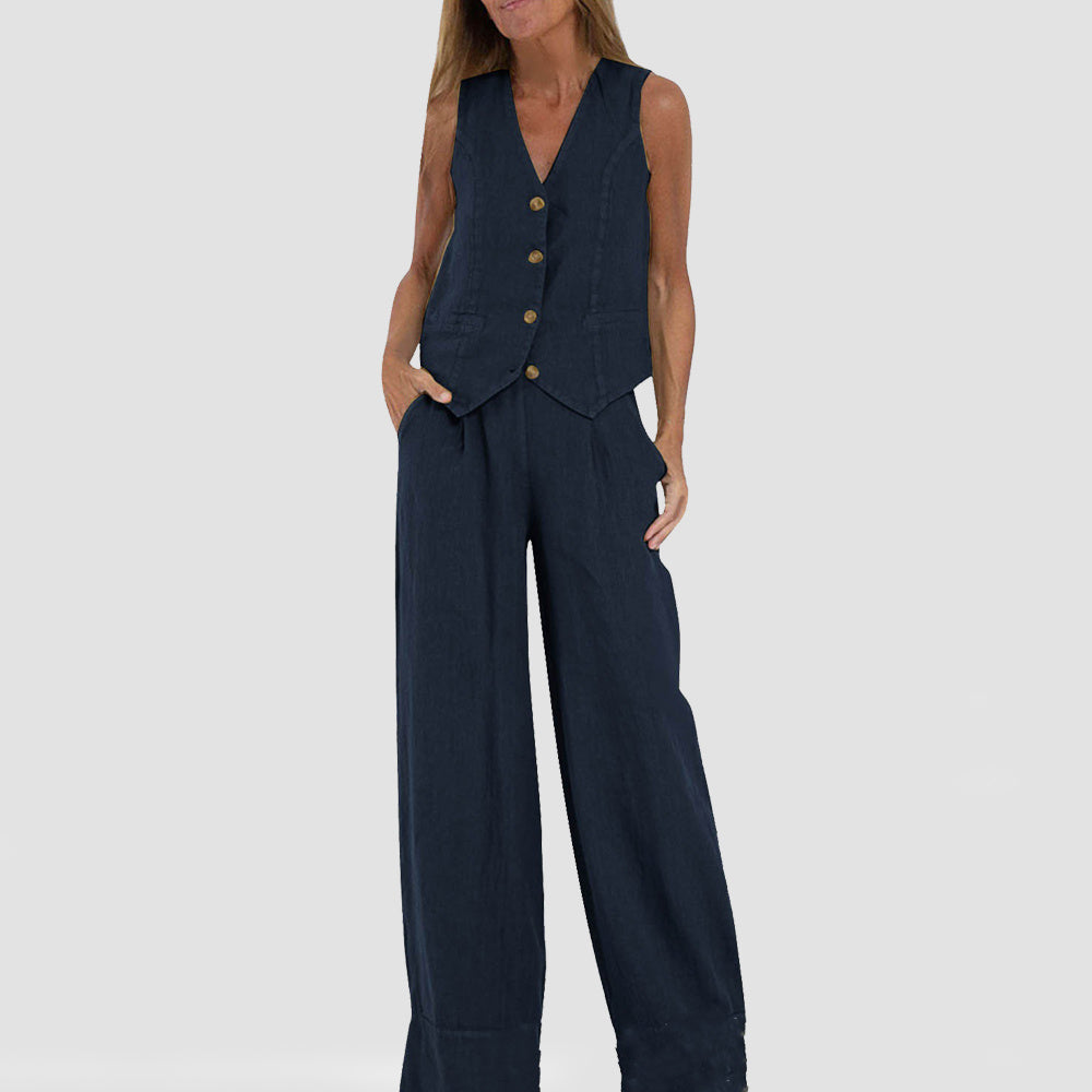 Conjunto de chaleco de verano para mujer: top sin mangas con cuello en V y pantalón holgado